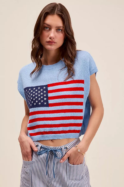 SO ME Fourth Of July American Flag Boxy Fit Sweater Top.