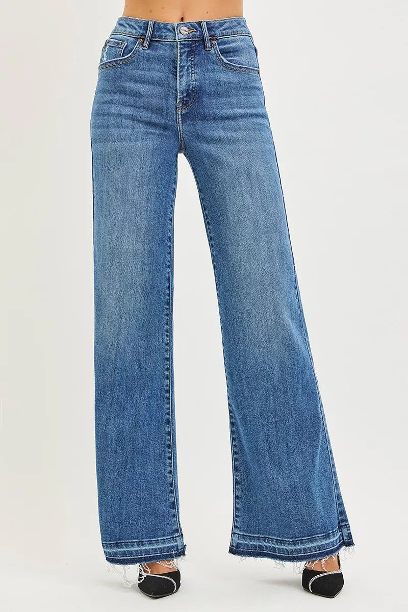 RISEN High Rise Wide Leg Jeans With Released Hem.
