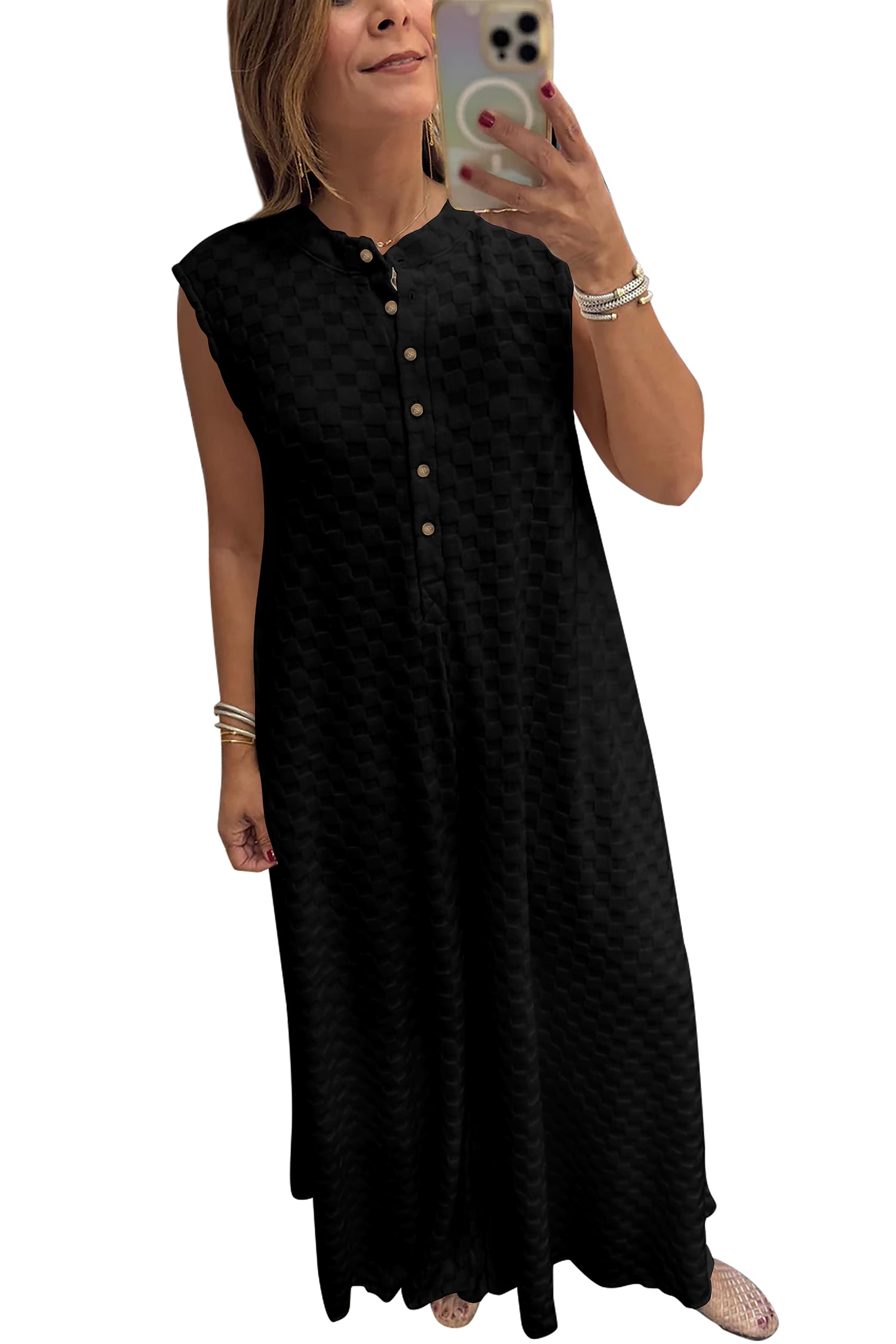 Black Half Buttons Sleeveless Wide Leg Textured Jumpsuit - Cowaa