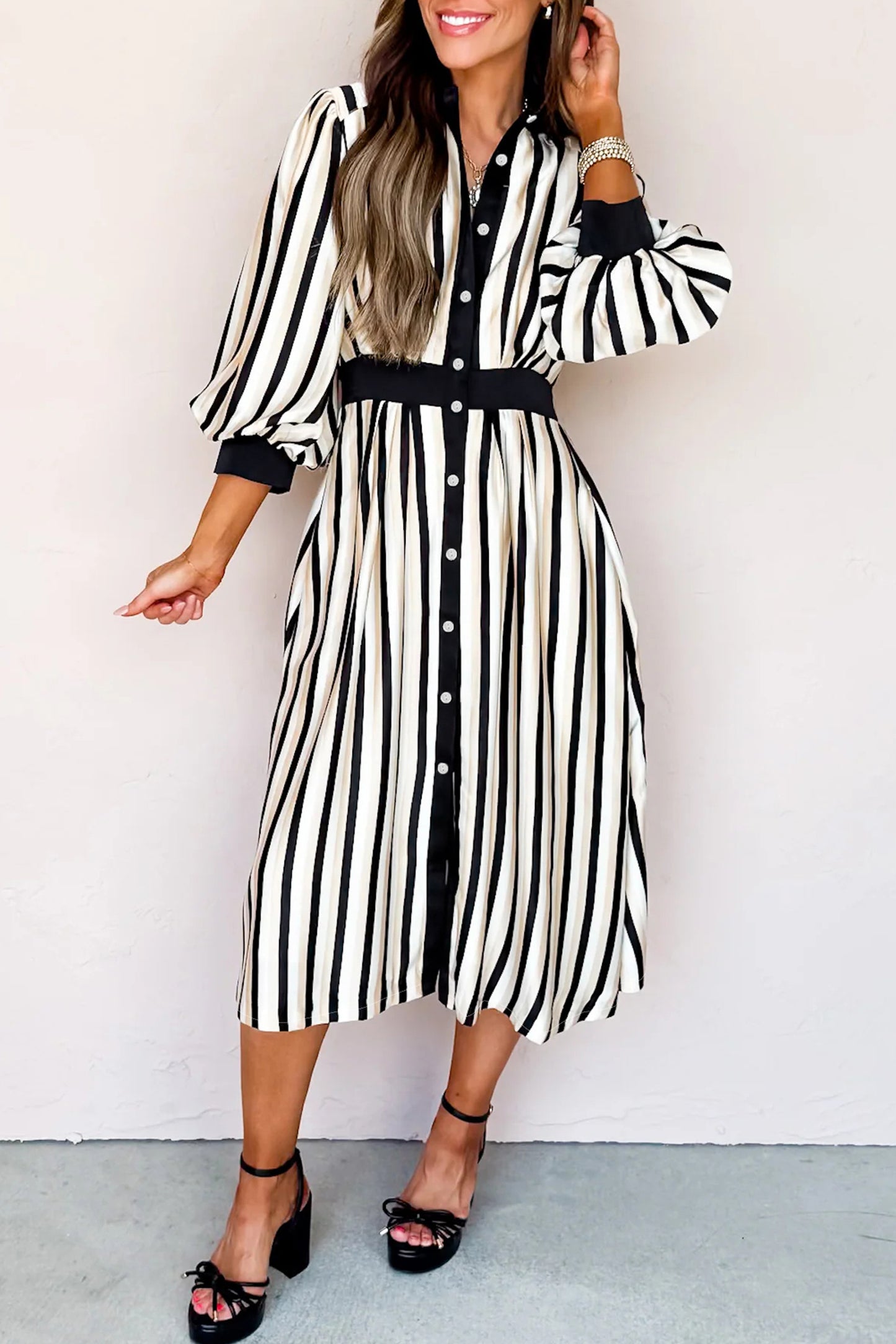 Black Stripe 3/4 Puff Sleeve Shirt Style Button Down Midi Dress - Cowaa
