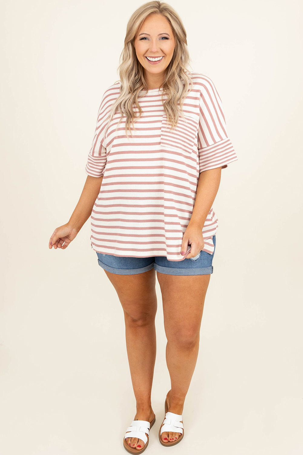 Pink Stripe Waffle Knit Pocket Half Sleeve Plus Size T Shirt