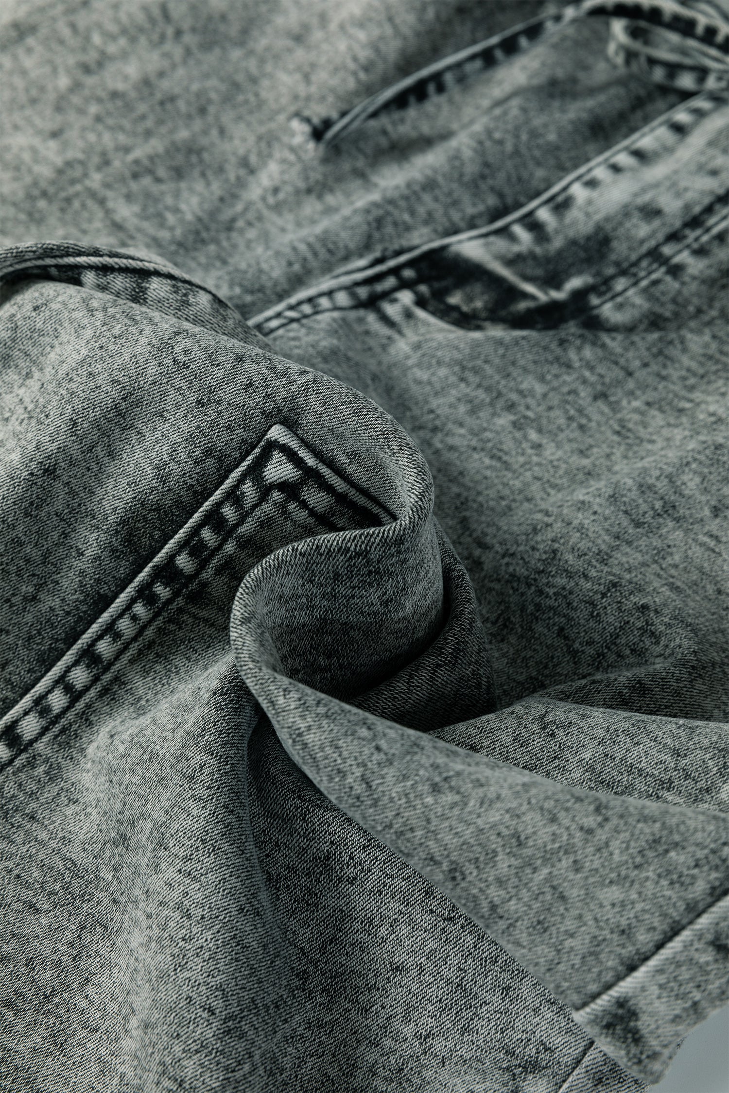 Gray Acid Wash Barrel Fit Denim Pants with Waist String - Cowaa