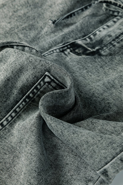 Gray Acid Wash Barrel Fit Denim Pants with Waist String - Cowaa