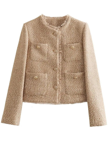 Raw Hem Pocketed Round Neck Jacket - Cowaa