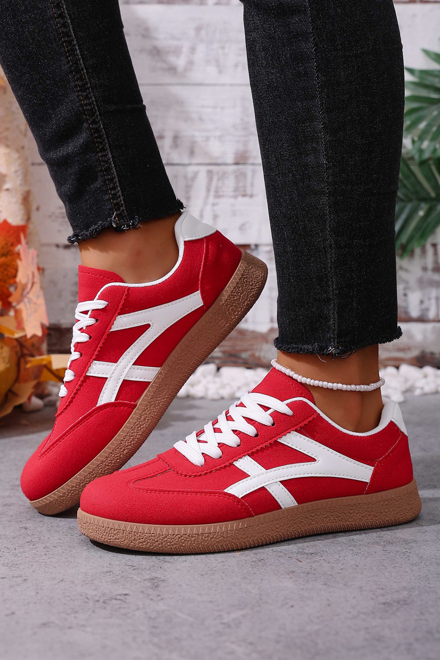 Racing Red Faux Suede Contrast Patchwork Detail Lace Up Flat Sneakers - Cowaa