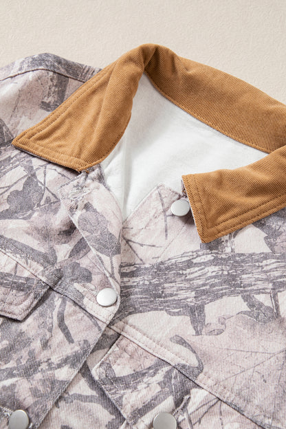 Gray Abstract Camo Print Colorblock Collar Oversized Shift Silhouette Denim Jacket