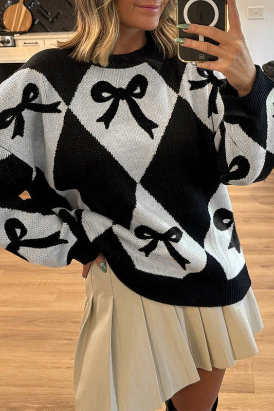 Black Bow Pattern Colorblock Rhombus Knit Loose Sweater - Cowaa