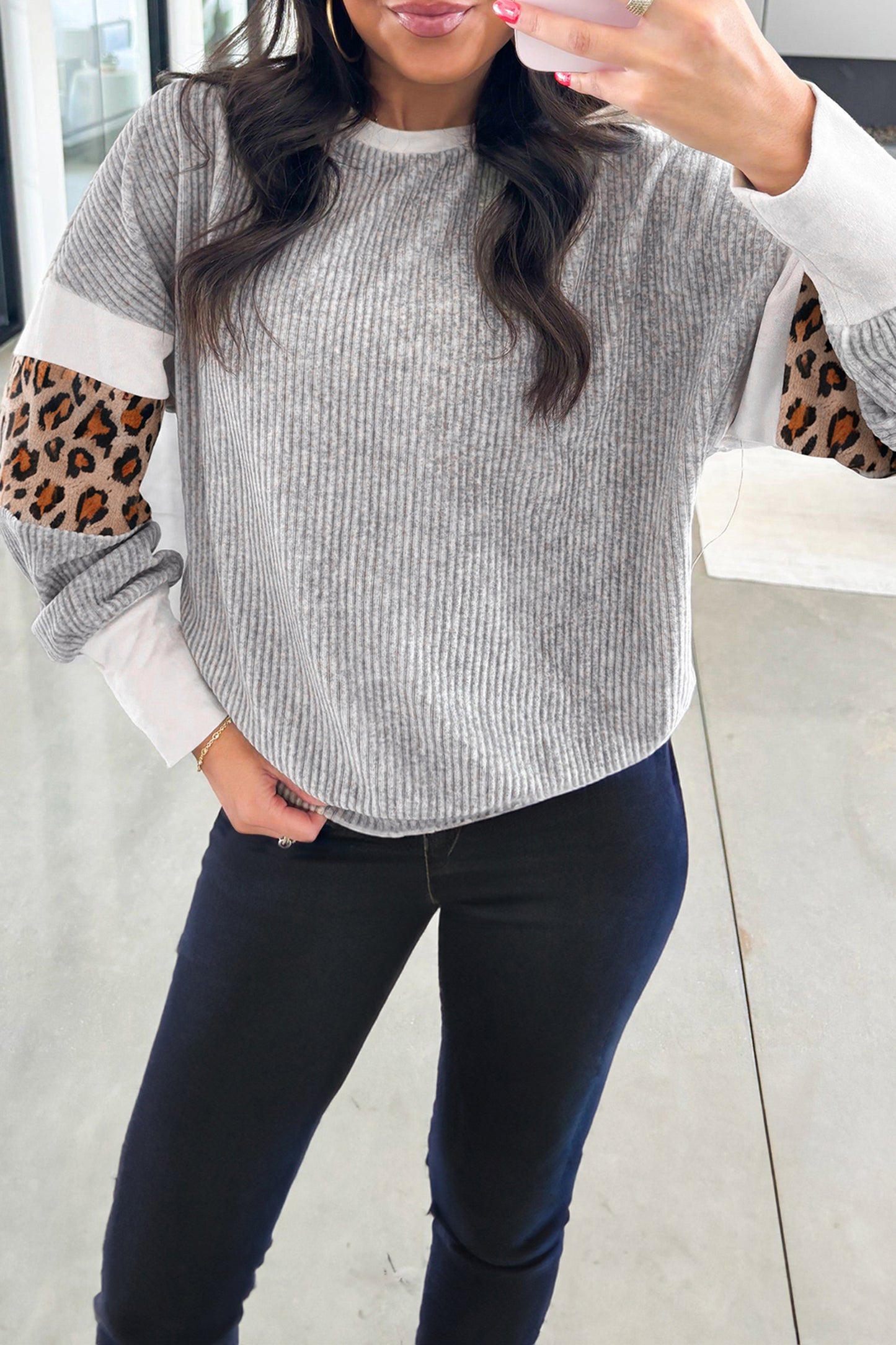 Gray Leopard Print Colorblock Patchwork Ribbed Knit Top - Cowaa