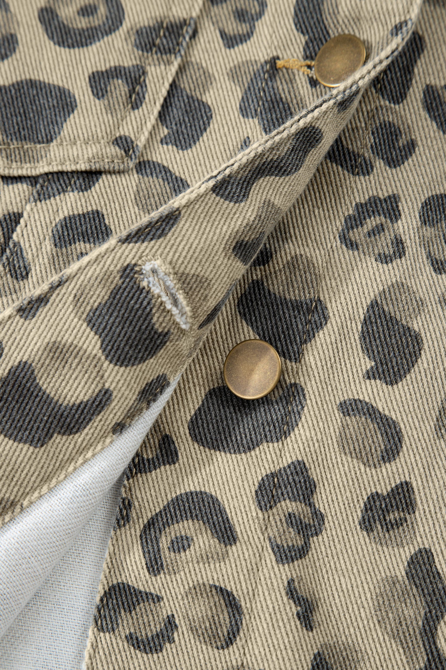 Khaki Retro Leopard Print Seam Detail Button Down Denim Jacket - Cowaa
