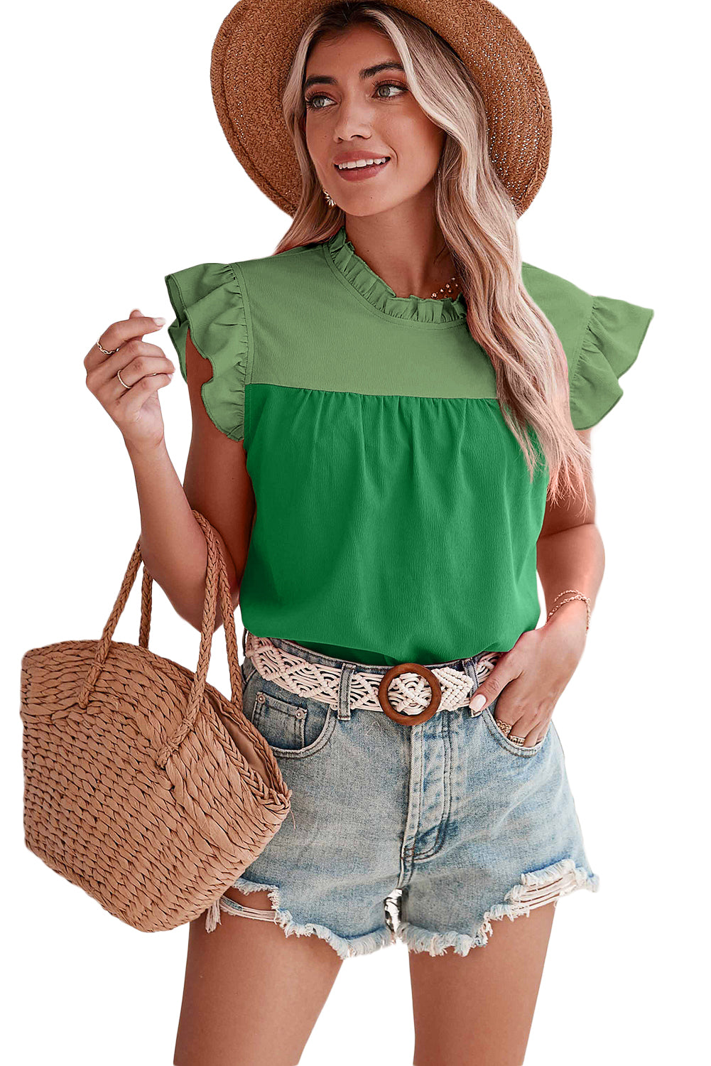 Rose Red Two Tone Pleated Ruffle Trim Blouse - Cowaa