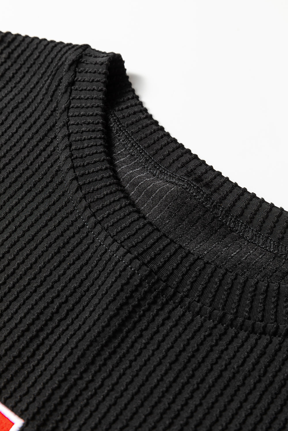 Black Crinkle Rib JOLLY Pattern Long Sleeve Top and Pockets Pants Set - Cowaa