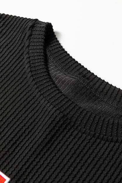 Black Crinkle Rib JOLLY Pattern Long Sleeve Top and Pockets Pants Set - Cowaa