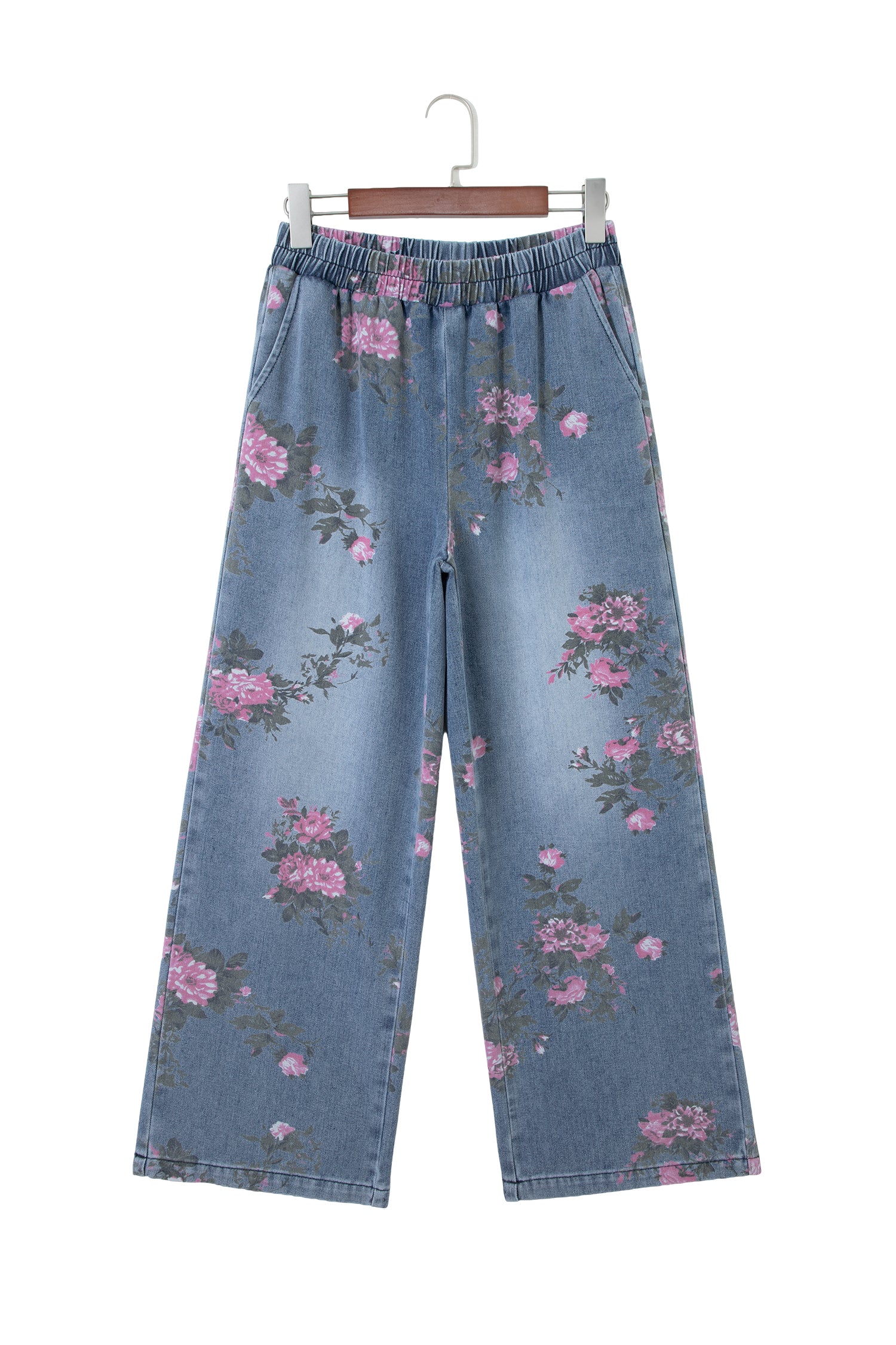 Beau Blue Floral Print Elastic Waist Pull On Casual Jeans - Cowaa