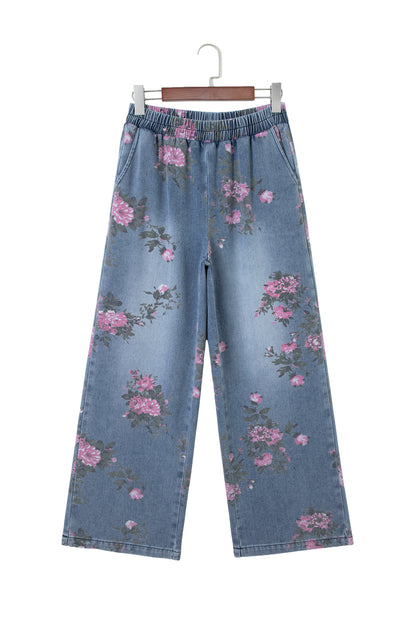Beau Blue Floral Print Elastic Waist Pull On Casual Jeans - Cowaa