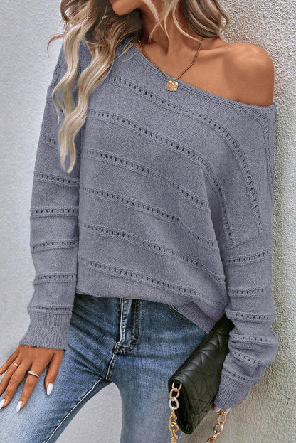 Boat Neck Drop Shoulder Pointelle Knit Sweater - Cowaa