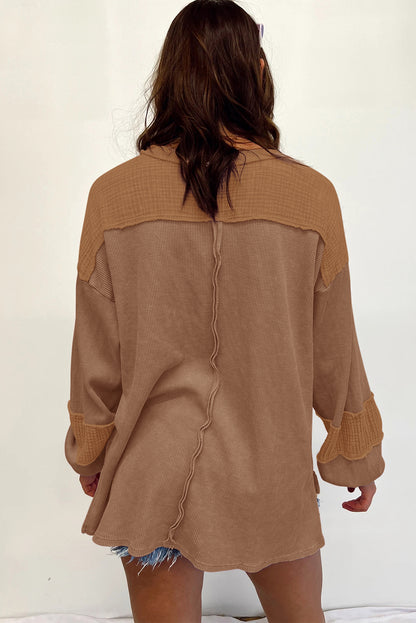Crinkle Patchwork Long Sleeve Top - Cowaa