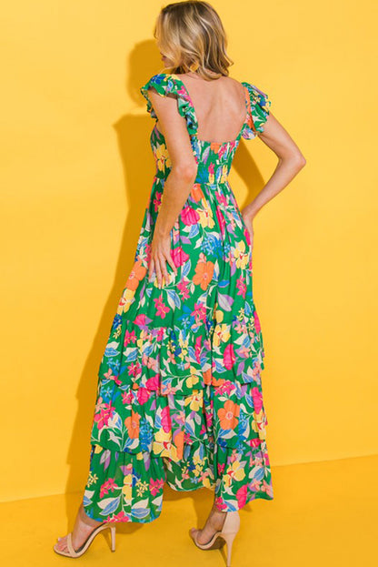 Boho Floral Print Ruffle Sleeveless Tiered Maxi Dress