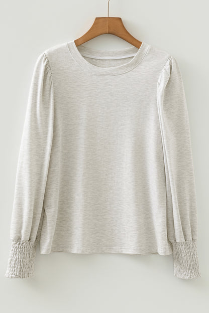Oatmeal Shirred Cuffs Puff Sleeve Peasant Top - Cowaa