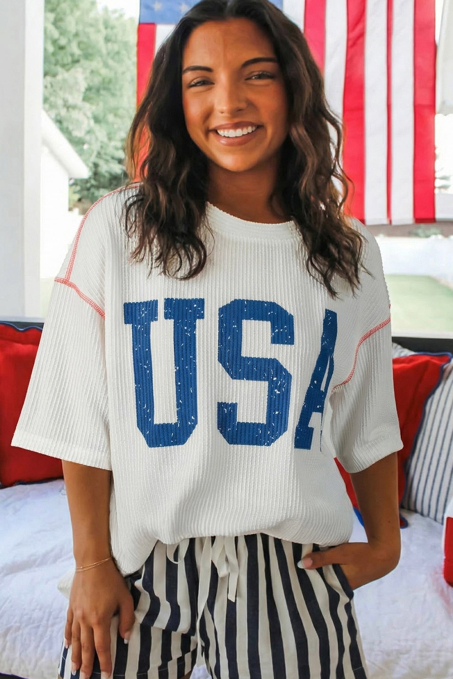 Beau Blue USA Graphic Half Sleeve Loose Ribbed Top
