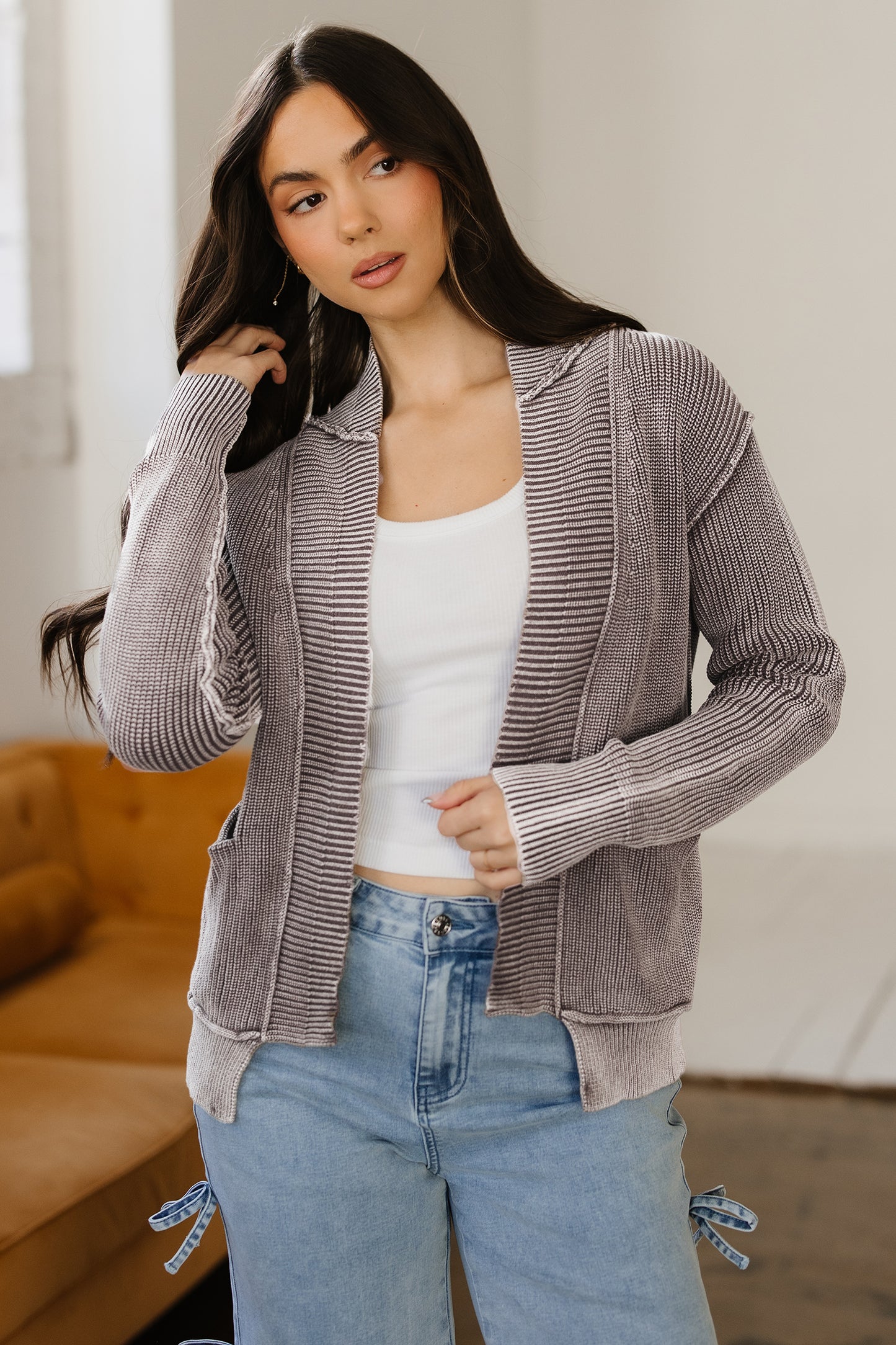 Dark Brown Mineral Wash Exposed Seam Patchwork Knit Open Sweater Cardigan - Cowaa