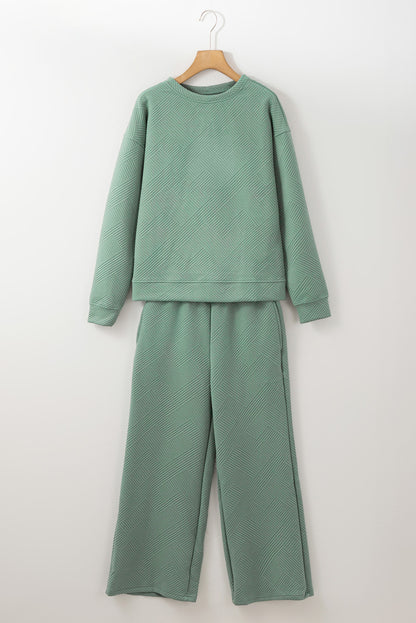 Strawberry Pink Textured Loose Slouchy Long Sleeve Top and Pants Set - Cowaa