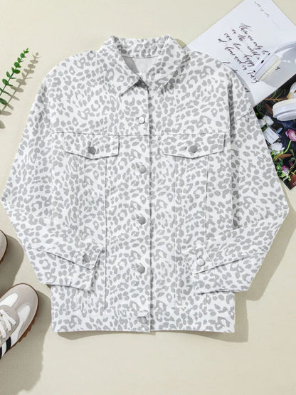Leopard Button Up Long Sleeve Denim Jacket - Cowaa