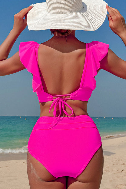 Bright Pink Tie Back Ruffled 2pcs Bikini Swimsuit