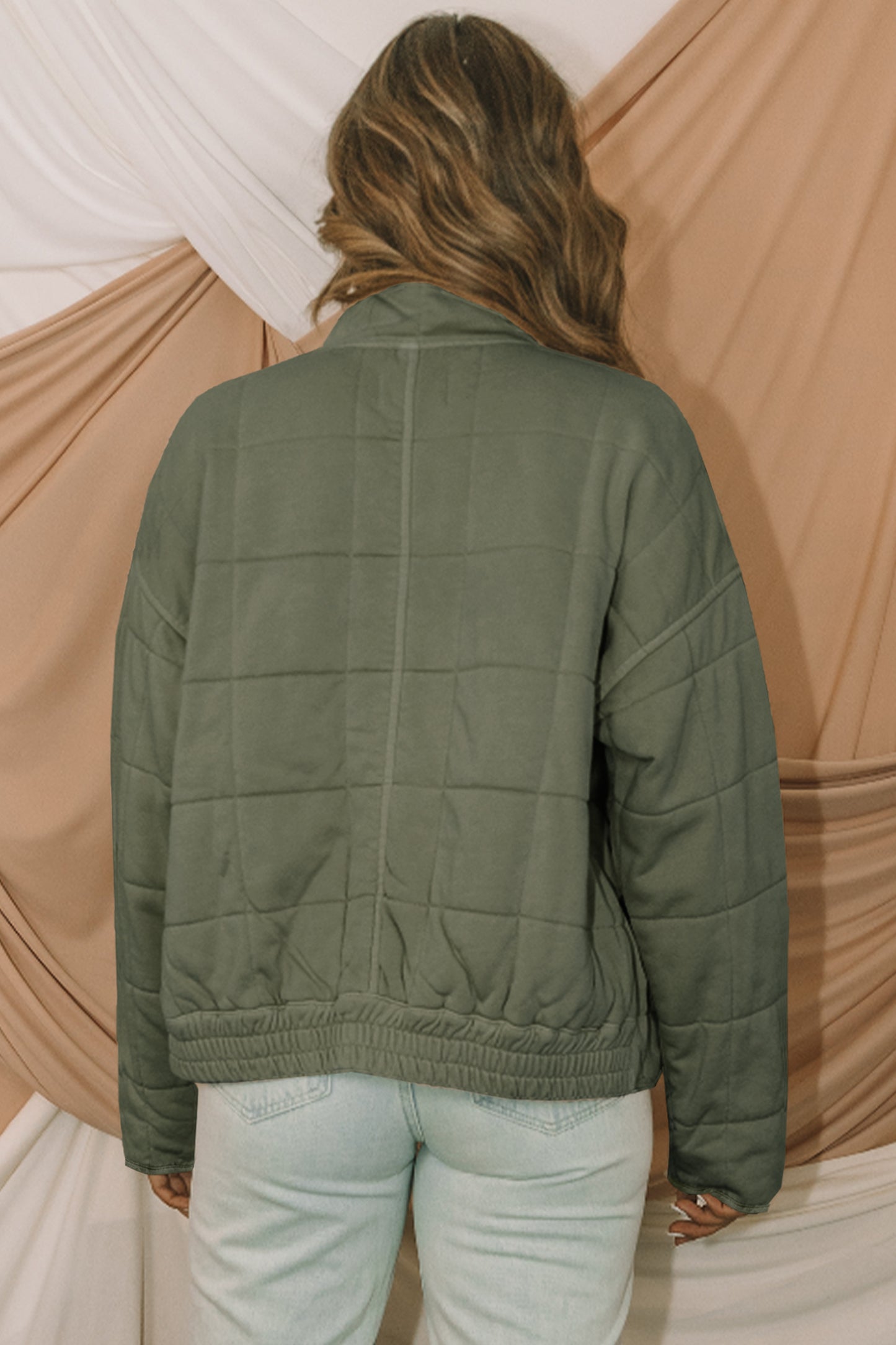 Green Zip-Up Pocket Quilted Jacket - Cowaa