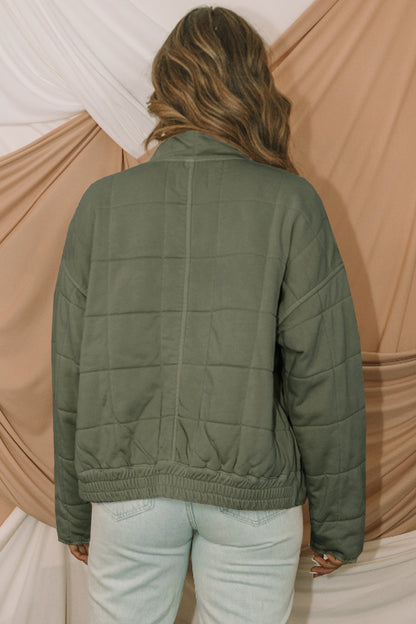 Green Zip-Up Pocket Quilted Jacket - Cowaa