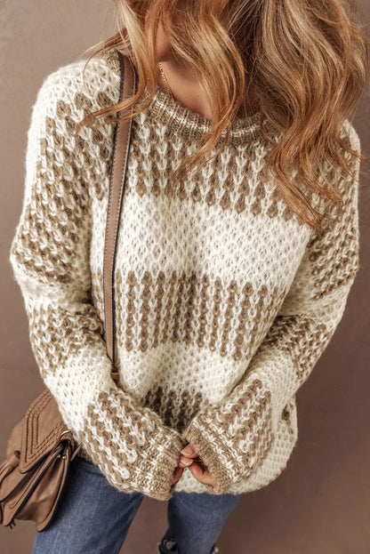 Color Block Round Neck Dropped Shoulder Sweater - Cowaa