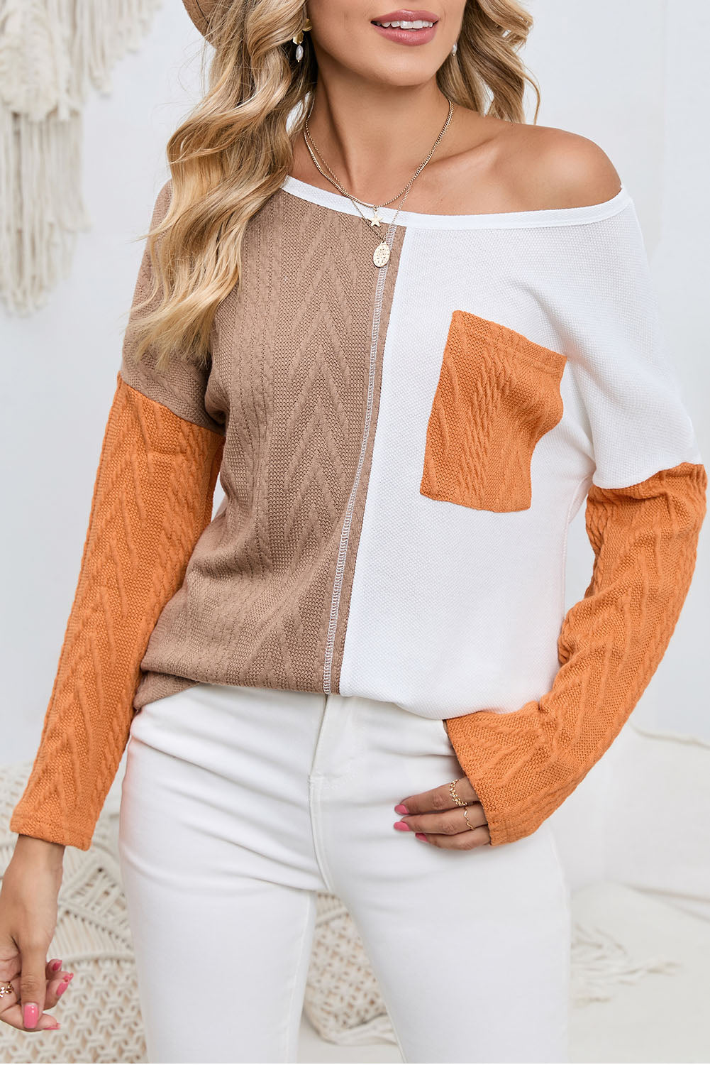 Long Sleeve Colorblock Chest Pocket Textured Knit Top - Cowaa