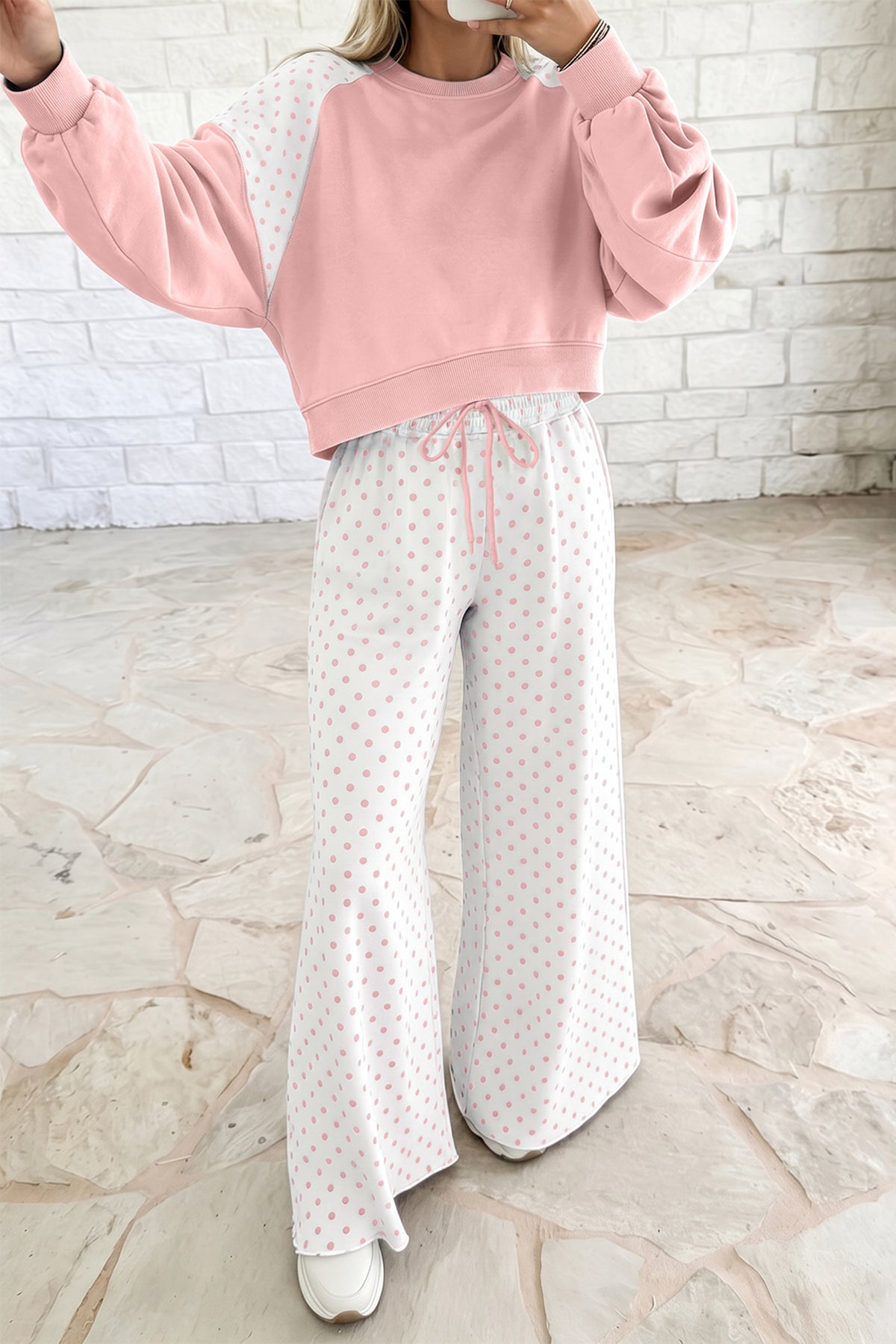 Light Blue Polka Dot Patchwork Colorblock Long Sleeve Casual Two Piece Pants Set