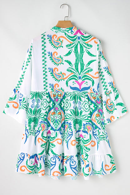 White Ethnic Print Boho Button Tiered Mini Dress - Cowaa