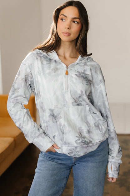 Gray Camo Leaf Print Kangaroo Pocket Quarter Zip Hoodie - Cowaa