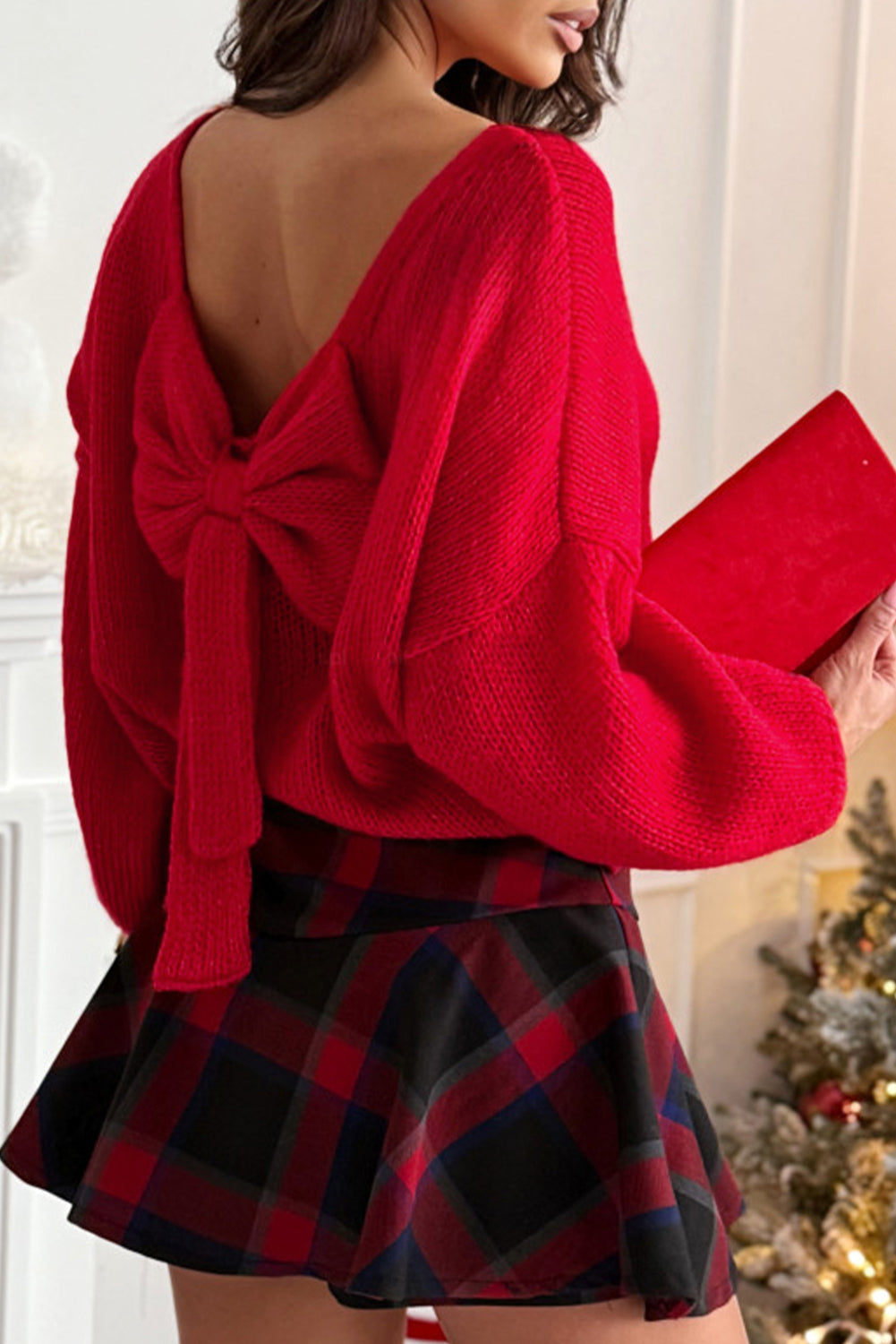 Fiery Red Festive Bow Backless Bubble Sleeve Sweater - Cowaa