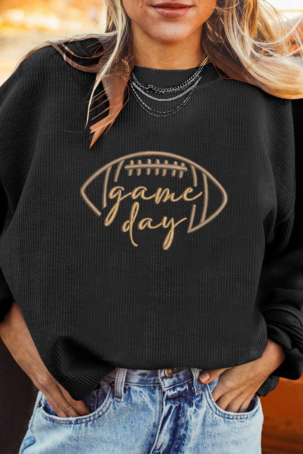 Black Rugby Game Day Embroidered Corduroy Sweatshirt - Cowaa