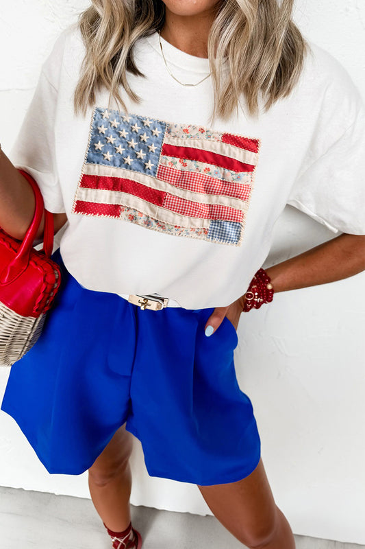 White Faux Patchwork Printed US Flag Casual Tee - Cowaa