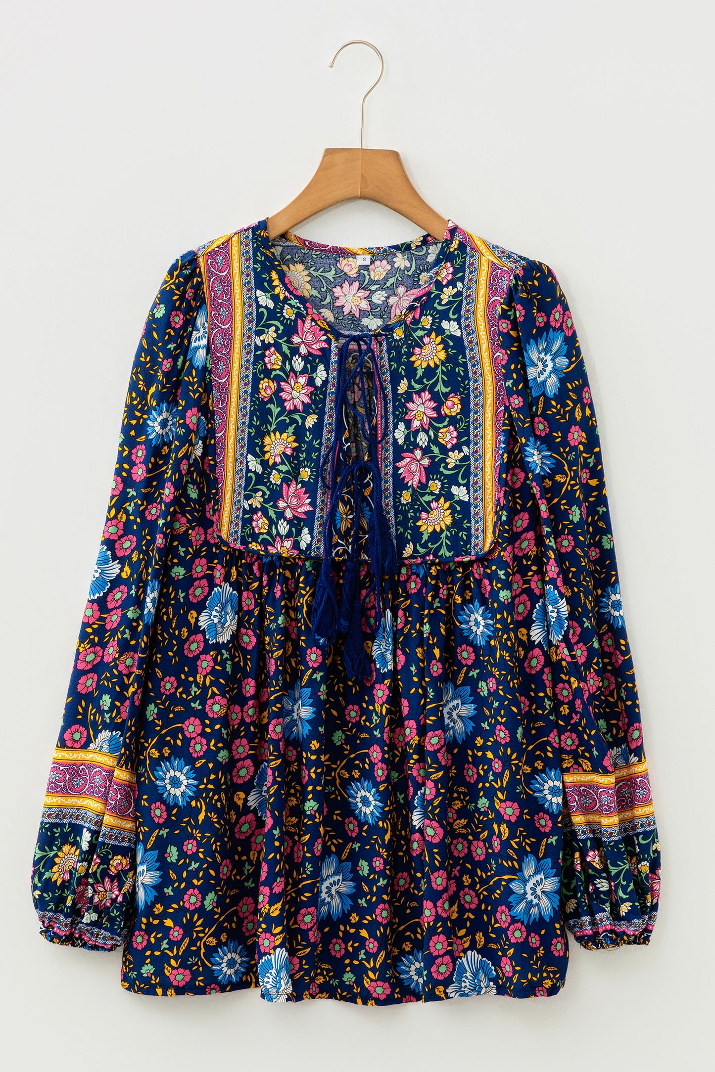 Blue Bohemian Floral Print Tassel Tie Front Long Sleeve Blouse - Cowaa