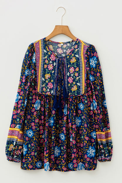 Blue Bohemian Floral Print Tassel Tie Front Long Sleeve Blouse - Cowaa