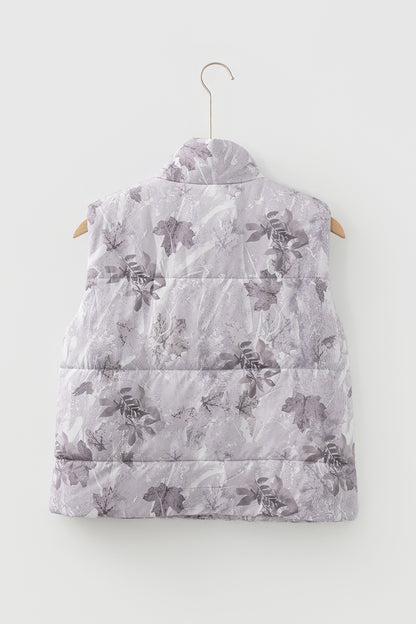 Gray Camo Leaf Print Winter Puffer Vest - Cowaa