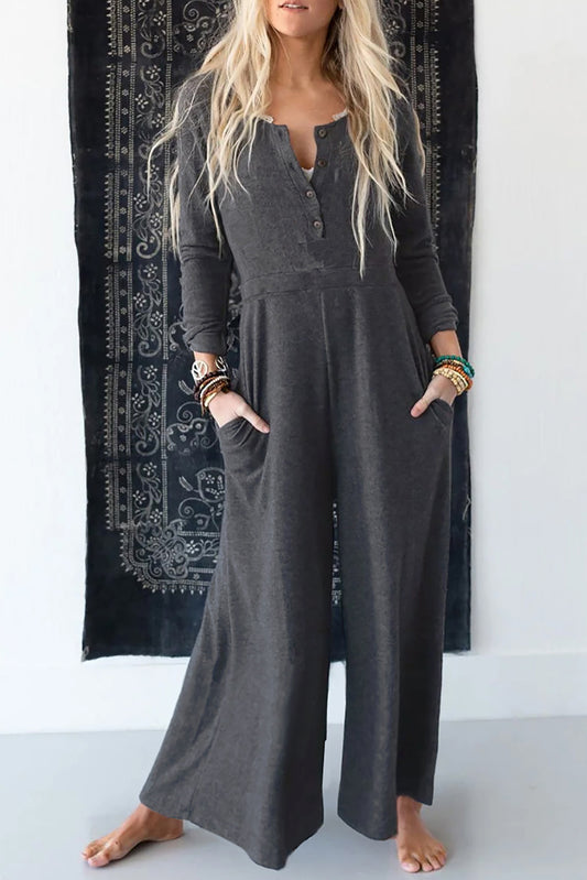 Dark Grey Henley Long Sleeve Wide Leg Jumpsuit with Pockets - Cowaa