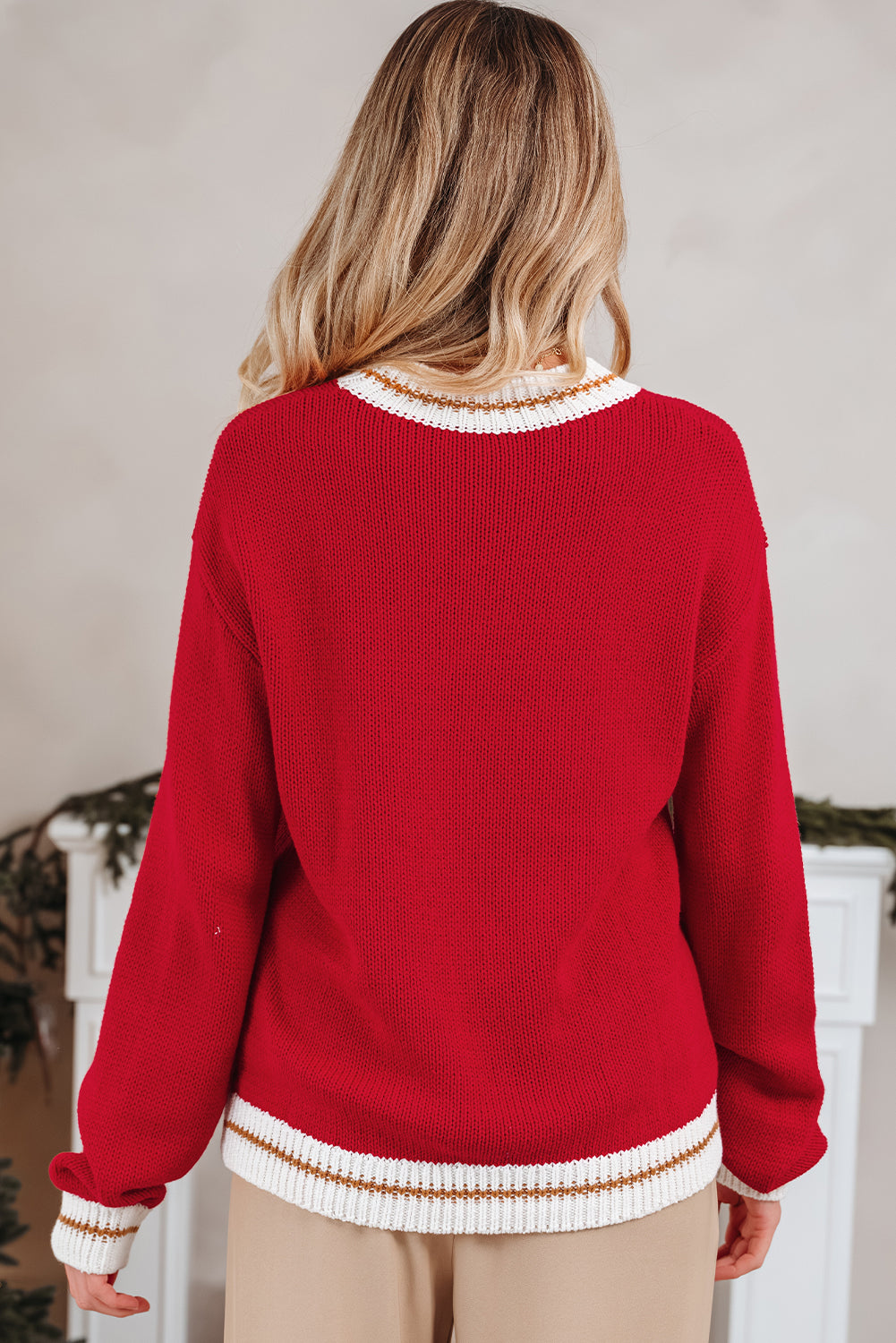 Fiery Red MERRY Color Block Edge Drop Shoulder Cozy Sweater - Cowaa