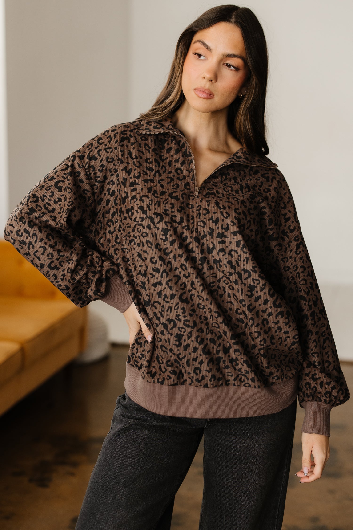 Brown Leopard Print Quarter Zip Corduroy Sweatshirt - Cowaa