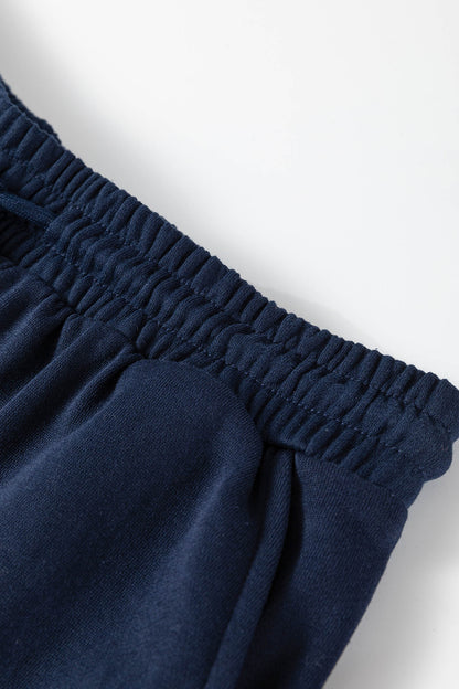 Navy Blue Varsity Striped Sleeve Drop Shoulder Sweatshirt and Short Set - Cowaa