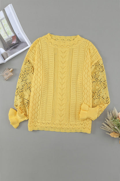 Yellow Crochet Lace Pointelle Knit Sweater