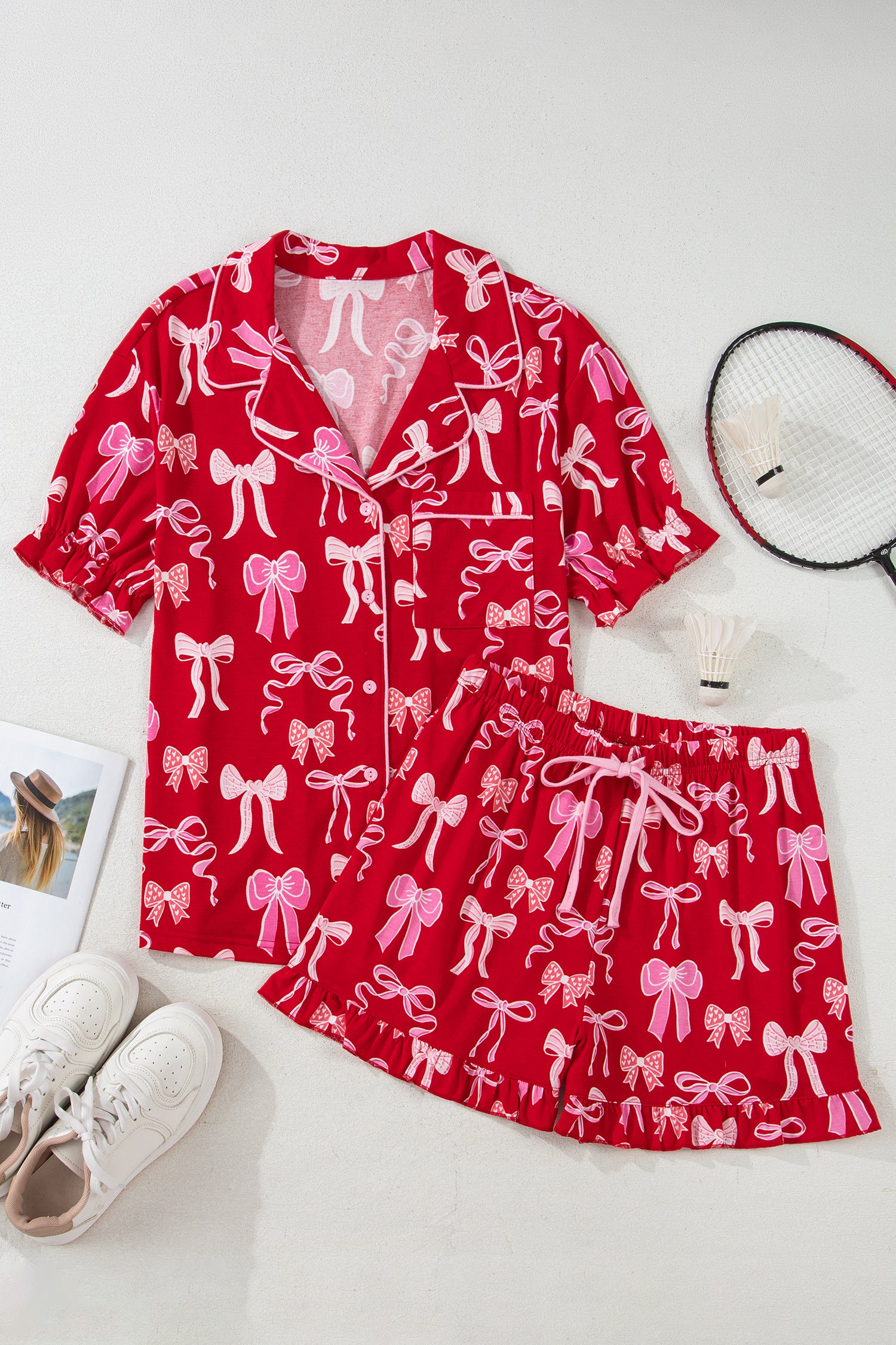 Red Sweet Bow Print Ruffled Short Sleeve Shirt Shorts 2pcs Pajama Set - Cowaa