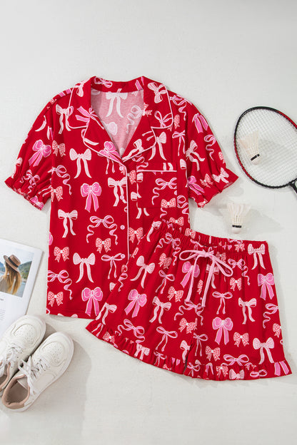 Red Sweet Bow Print Ruffled Short Sleeve Shirt Shorts 2pcs Pajama Set - Cowaa