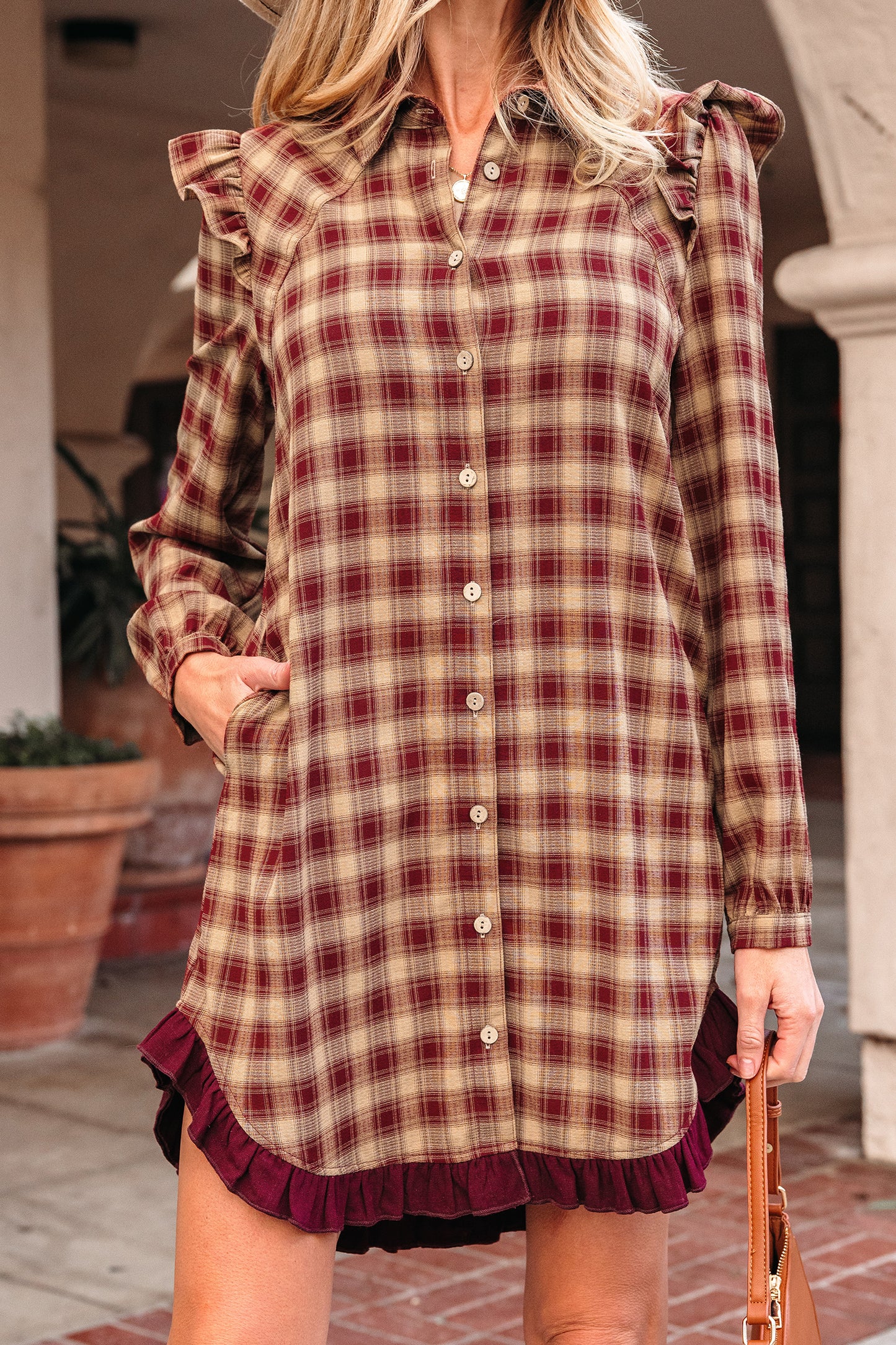 Red Plaid Print Ruffled Long Sleeve Patchwork Hem Mini Shirt Dress - Cowaa