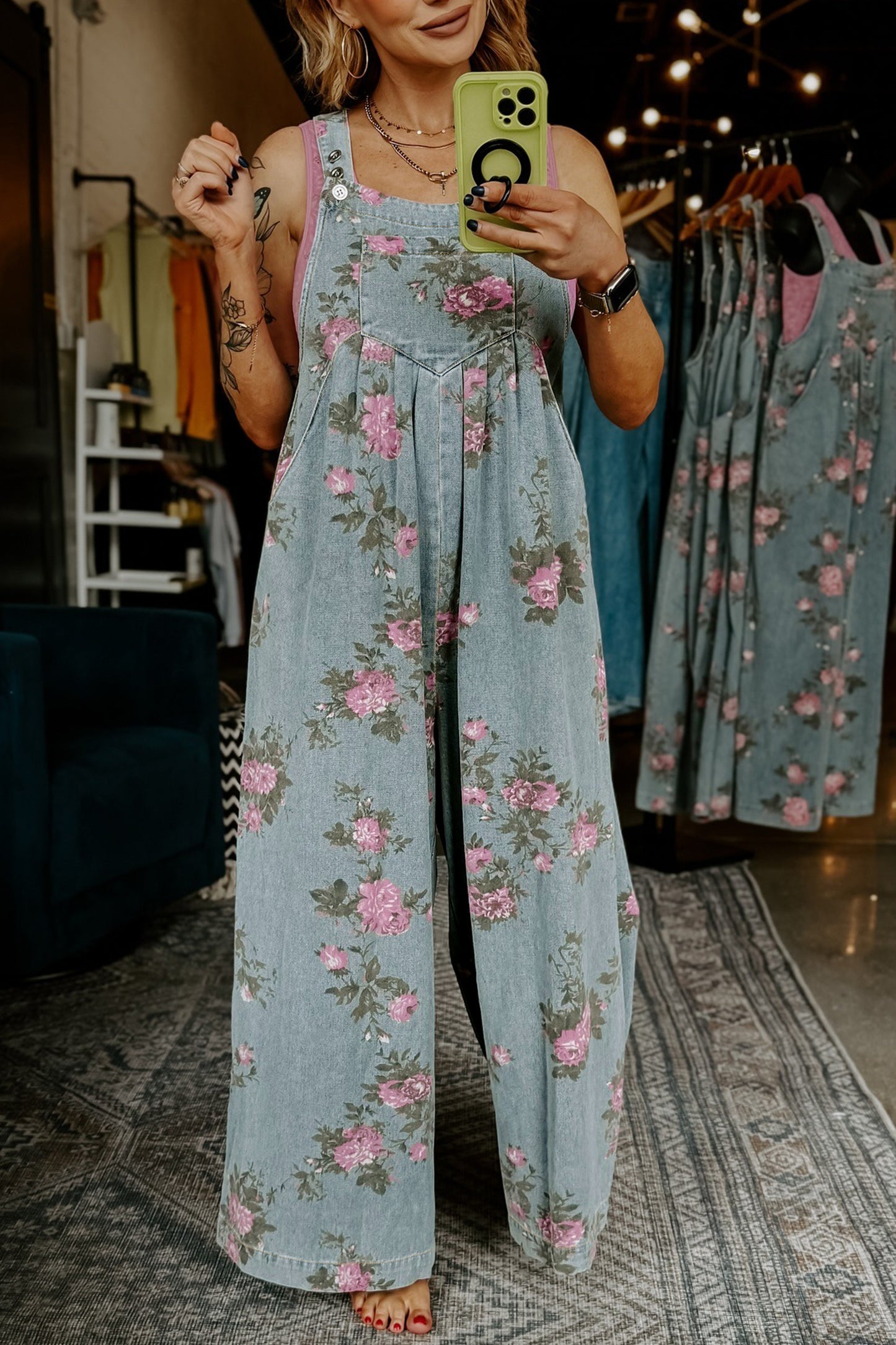 Gray Beau Floral Print Pleated High Waist Wide Leg Denim Jumpsuit