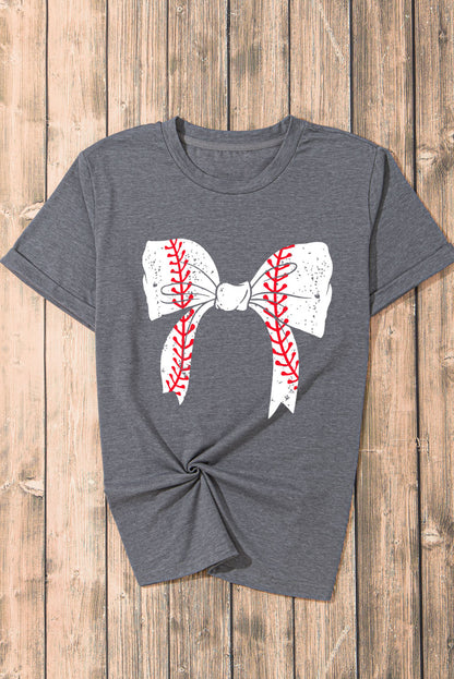Gray Casual Baseball Bowknot Graphic Roll Up Sleeve Tee - Cowaa